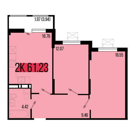 2 комнатная 61.23м²