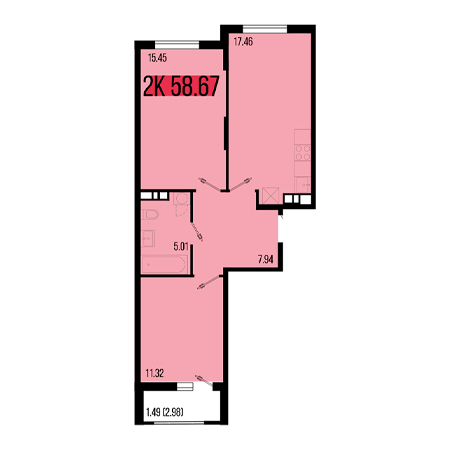 2 комнатная 58.67м²