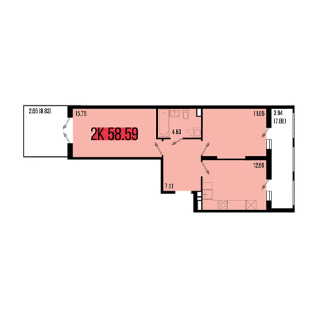 2 комнатная 58.59м²