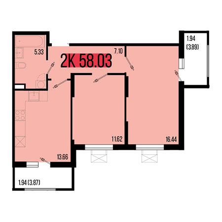 2 комнатная 58.03м²