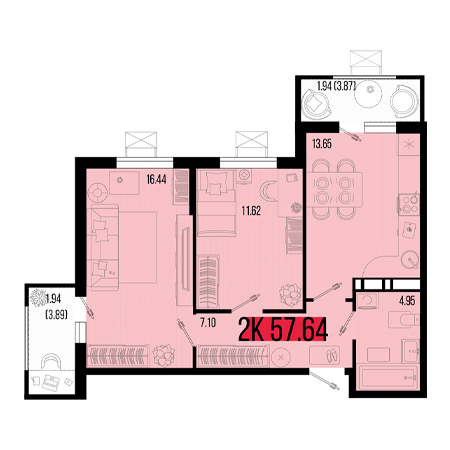 2 комнатная 57.64м²