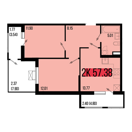 2 комнатная 57.38м²