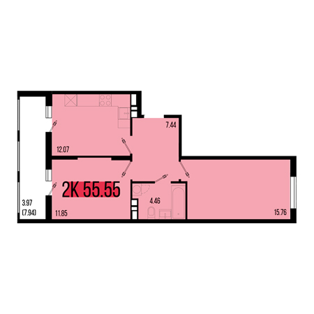 2 комнатная 55.55м²