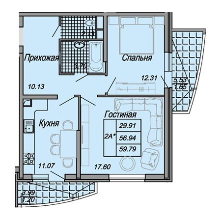 2 комнатная 59.79м²