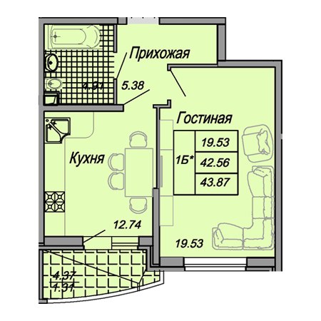 1 комнатная 43.87м²