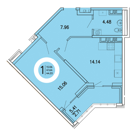 1 комнатная 39.4м²