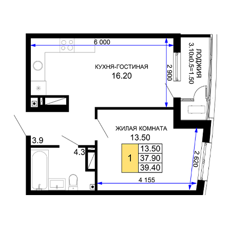 1 комнатная 39.4м²