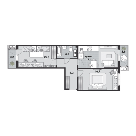 2 комнатная 68.9м²