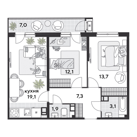 2 комнатная 64.2м²