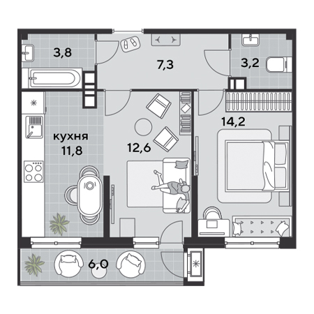 2 комнатная 58.9м²