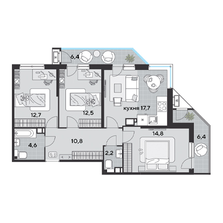 3 комнатная 88.1м²