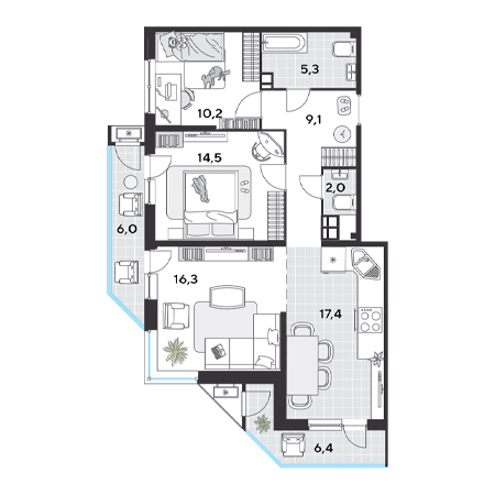 3 комнатная 87.2м²