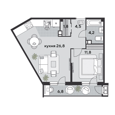 1 комнатная 55.9м²