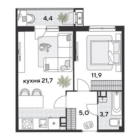 1 комнатная 46.7м²