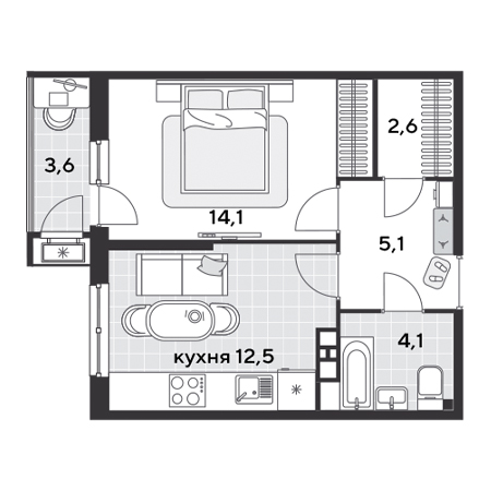 1 комнатная 42м²