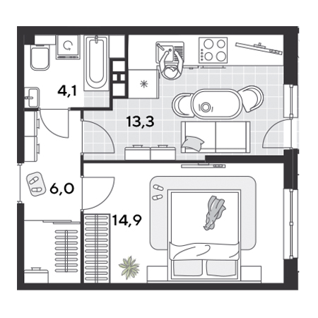 1 комнатная 41.9м²