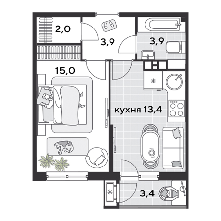 1 комнатная 41.6м²