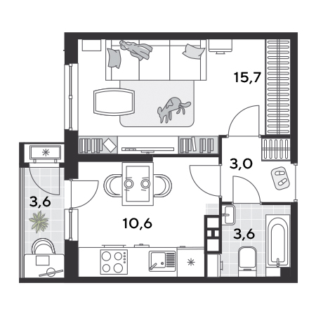 1 комнатная 36.5м²