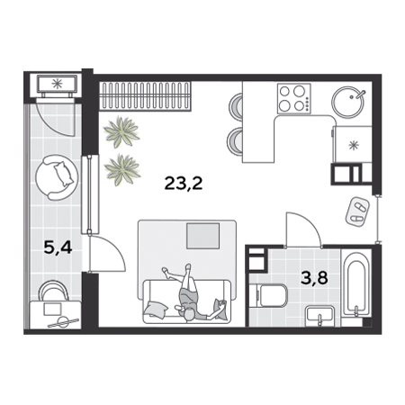 1 комнатная 32.4м²