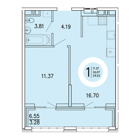 1 комнатная 39.35м²