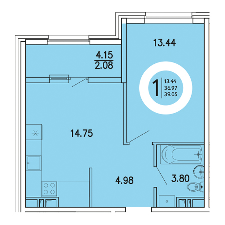 1 комнатная 39.05м²