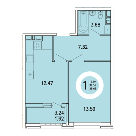 1 комнатная 38.68м²