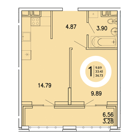 1 комнатная 36.73м²