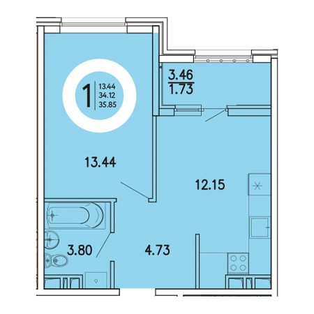 1 комнатная 35.85м²