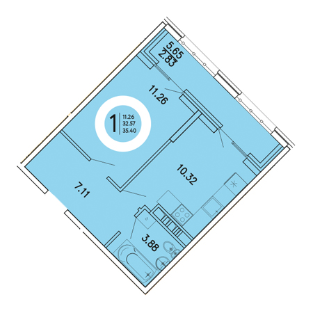 1 комнатная 35.4м²