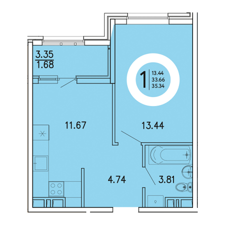 1 комнатная 35.34м²