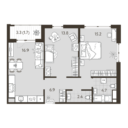 2 комнатная 61.6м²