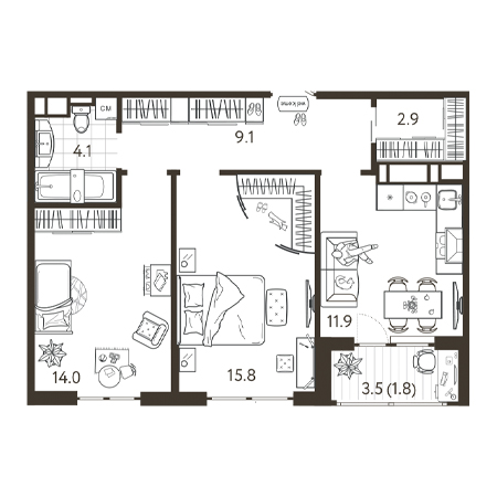 2 комнатная 59.6м²