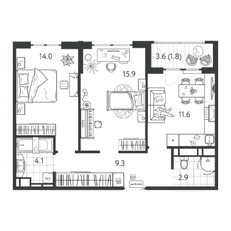 2 комнатная 59.6м²