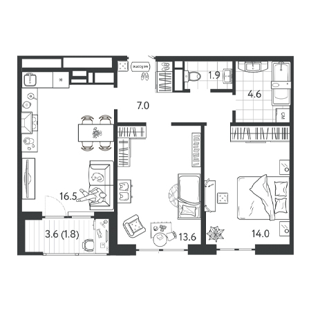 2 комнатная 59.4м²