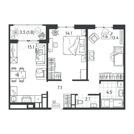 2 комнатная 58.1м²