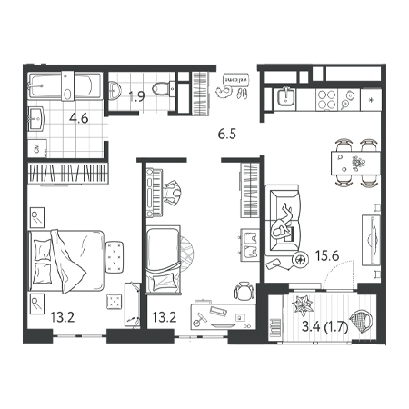 2 комнатная 56.7м²