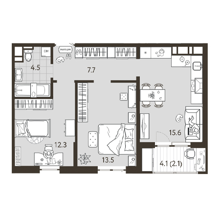 2 комнатная 55.7м²