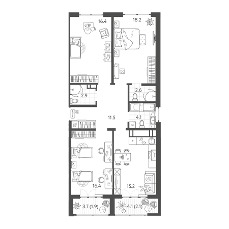 3 комнатная 91.3м²