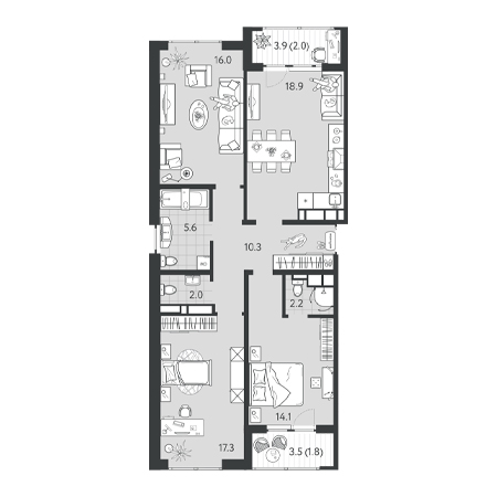 3 комнатная 90.2м²