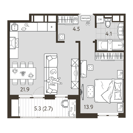 1 комнатная 47.1м²