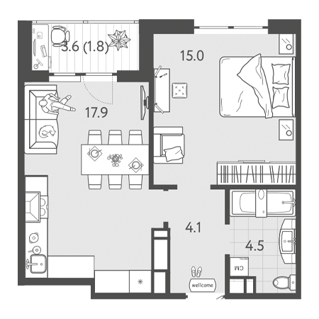 1 комнатная 43.3м²