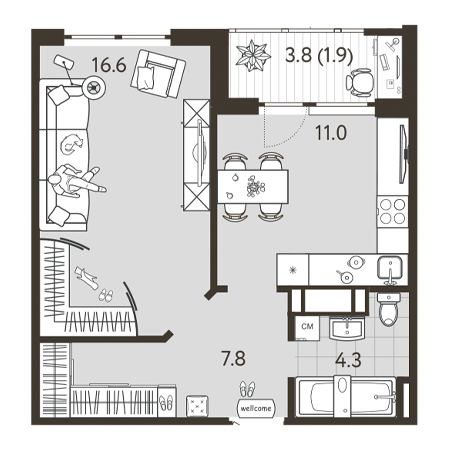 1 комнатная 41.6м²