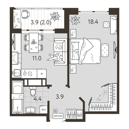 1 комнатная 39.7м²