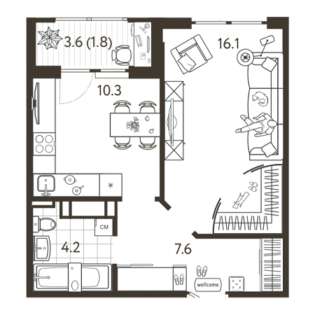 1 комнатная 39.7м²