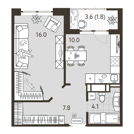 1 комнатная 39.7м²