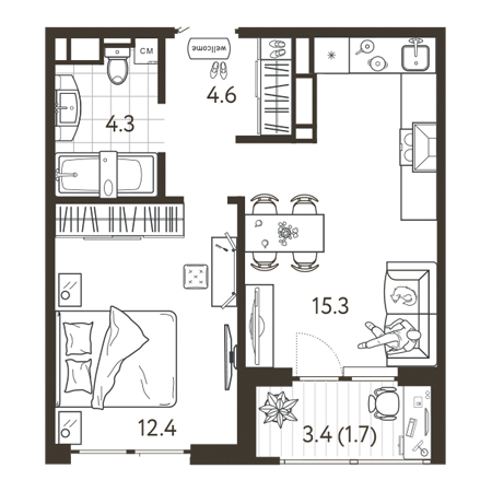 1 комнатная 38.3м²