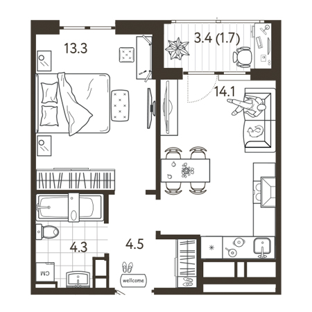 1 комнатная 37.9м²