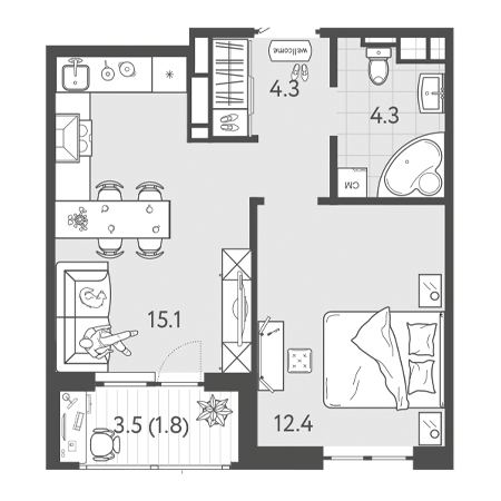 1 комнатная 37.9м²