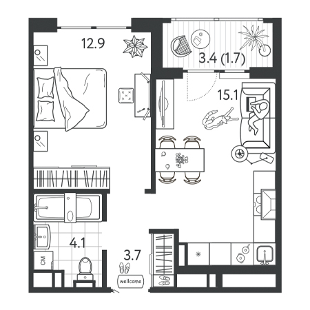 1 комнатная 37.5м²