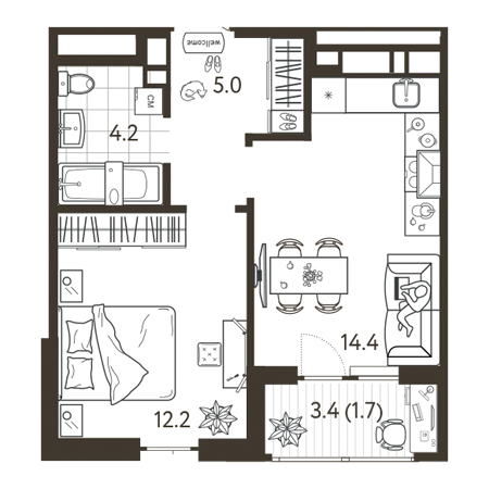 1 комнатная 37.5м²